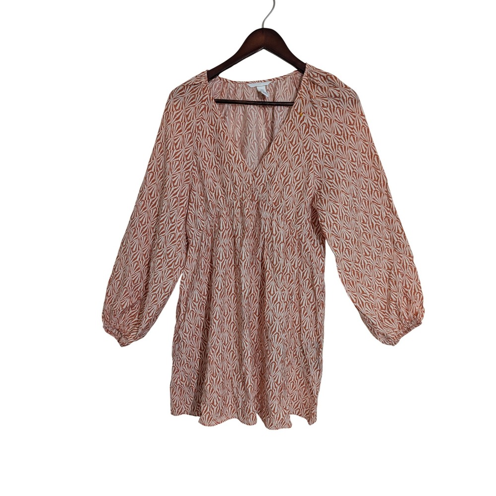 H&M Rust Orange Geometric Fan Print V-Neck Mini Dress‎ Balloon Sleeve XS